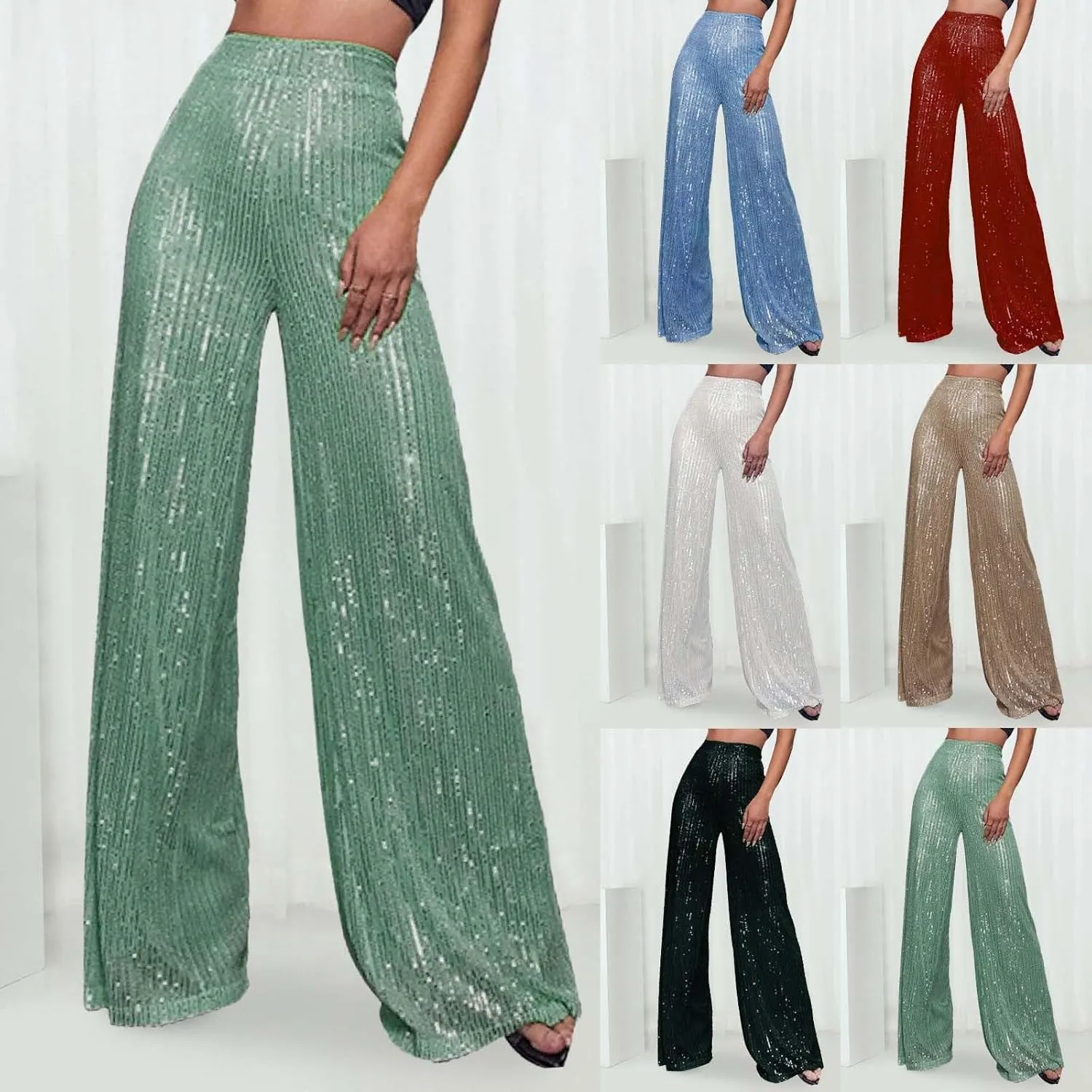 sdbrld Sequin Pants Women Straight Leg Glitter Sequin Pants Sparkly Loose Trousers Shiny Dance Bling Party Clubwear Pants