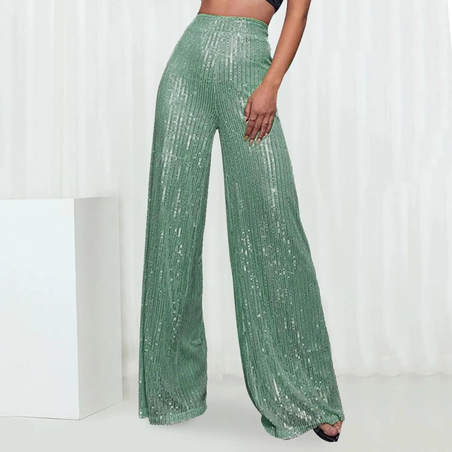 sdbrld Sequin Pants Women Straight Leg Glitter Sequin Pants Sparkly Loose Trousers Shiny Dance Bling Party Clubwear Pants