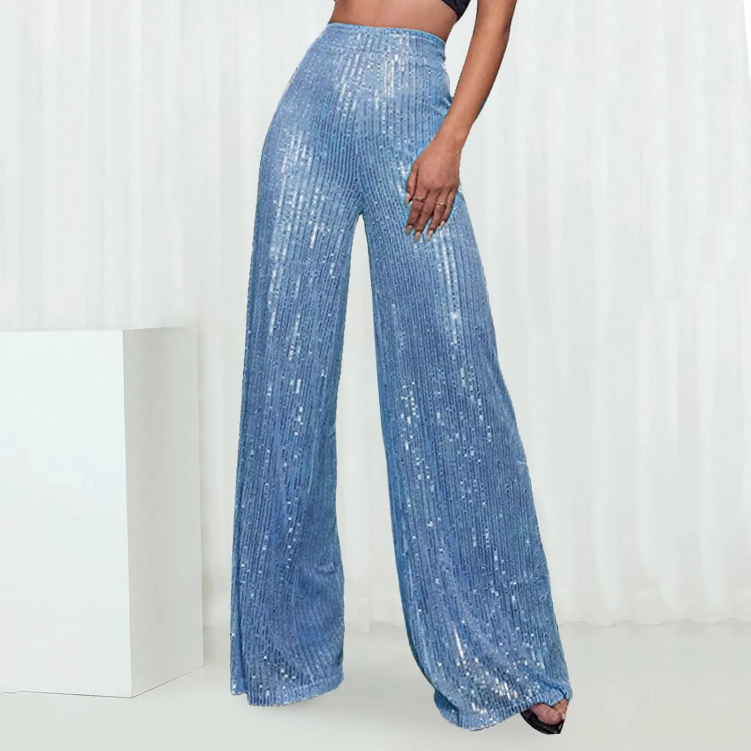 sdbrld Sequin Pants Women Straight Leg Glitter Sequin Pants Sparkly Loose Trousers Shiny Dance Bling Party Clubwear Pants