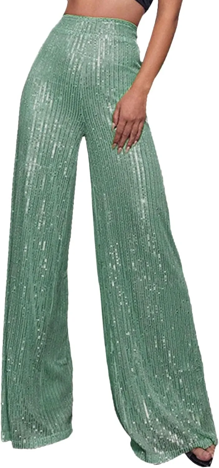 sdbrld Sequin Pants Women Straight Leg Glitter Sequin Pants Sparkly Loose Trousers Shiny Dance Bling Party Clubwear Pants