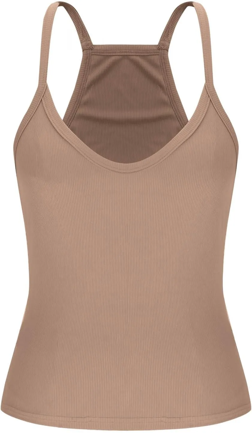 Sexy Deep V Neck Ribbed Cami Tops for Women Summer Racer Back Yoga Workout Tanks Casual Slim Sleeveless Y2K Camisole