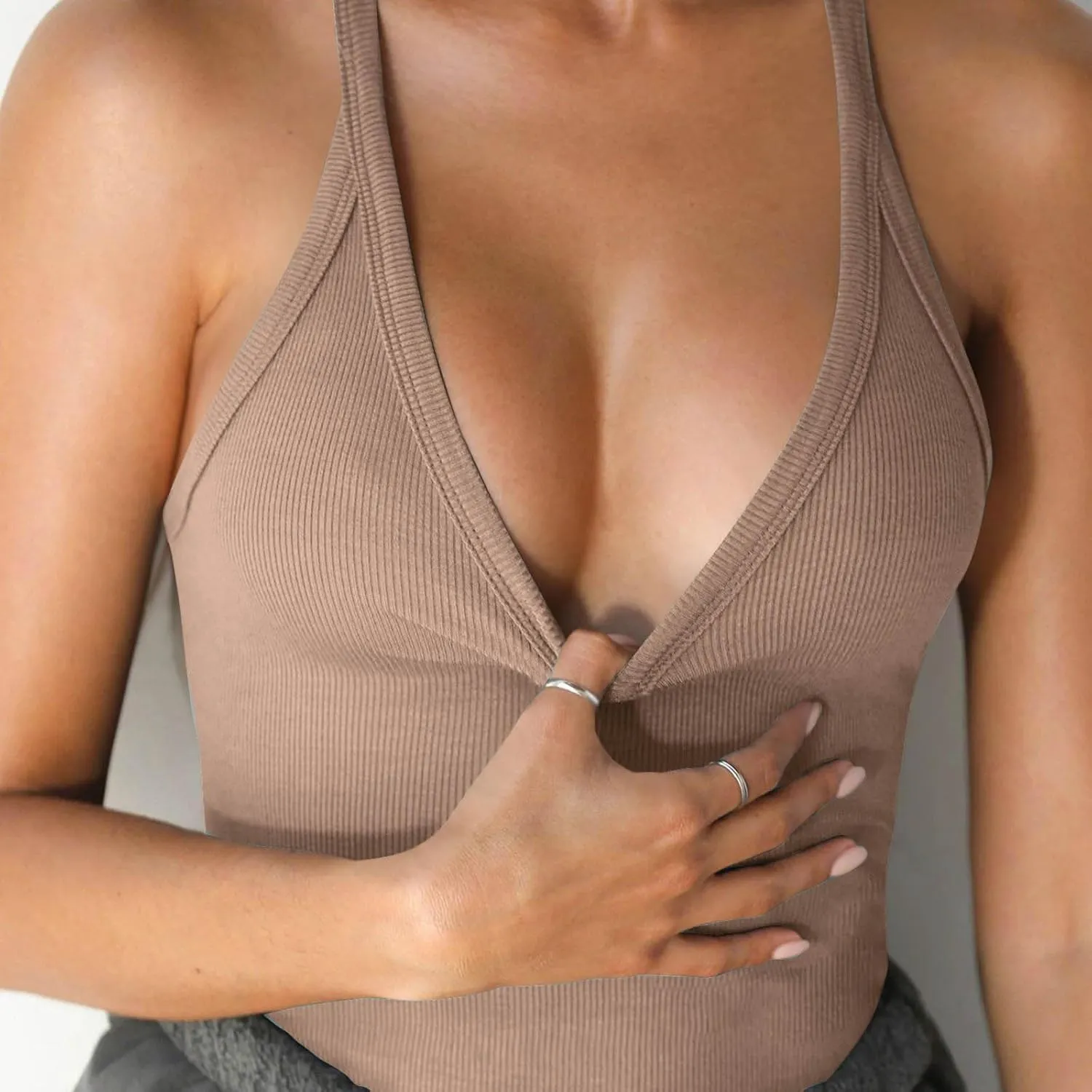 Sexy Deep V Neck Ribbed Cami Tops for Women Summer Racer Back Yoga Workout Tanks Casual Slim Sleeveless Y2K Camisole