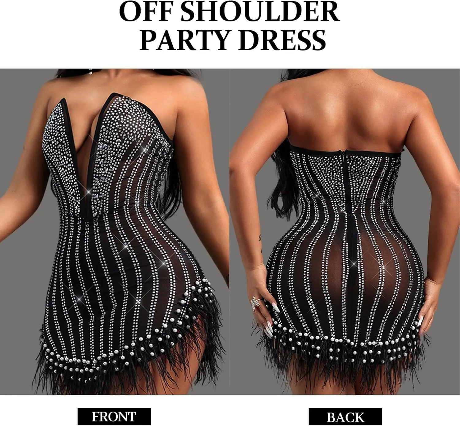 Sexy Feather Rhinestone Backless Mesh Sheer Burlesque Outfit Nightout Clubwear Birthday Party Dress