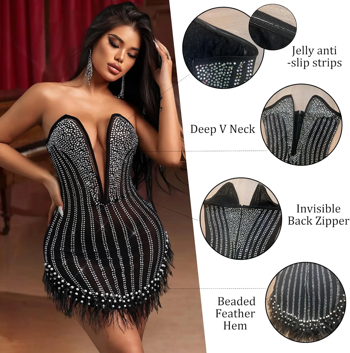 Sexy Feather Rhinestone Backless Mesh Sheer Burlesque Outfit Nightout Clubwear Birthday Party Dress
