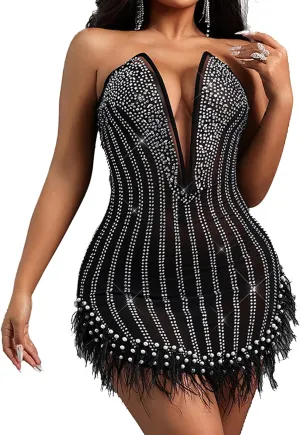 Sexy Feather Rhinestone Backless Mesh Sheer Burlesque Outfit Nightout Clubwear Birthday Party Dress