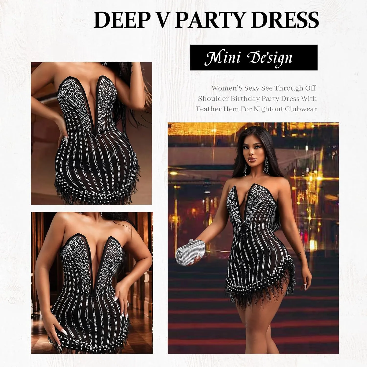 Sexy Feather Rhinestone Backless Mesh Sheer Burlesque Outfit Nightout Clubwear Birthday Party Dress