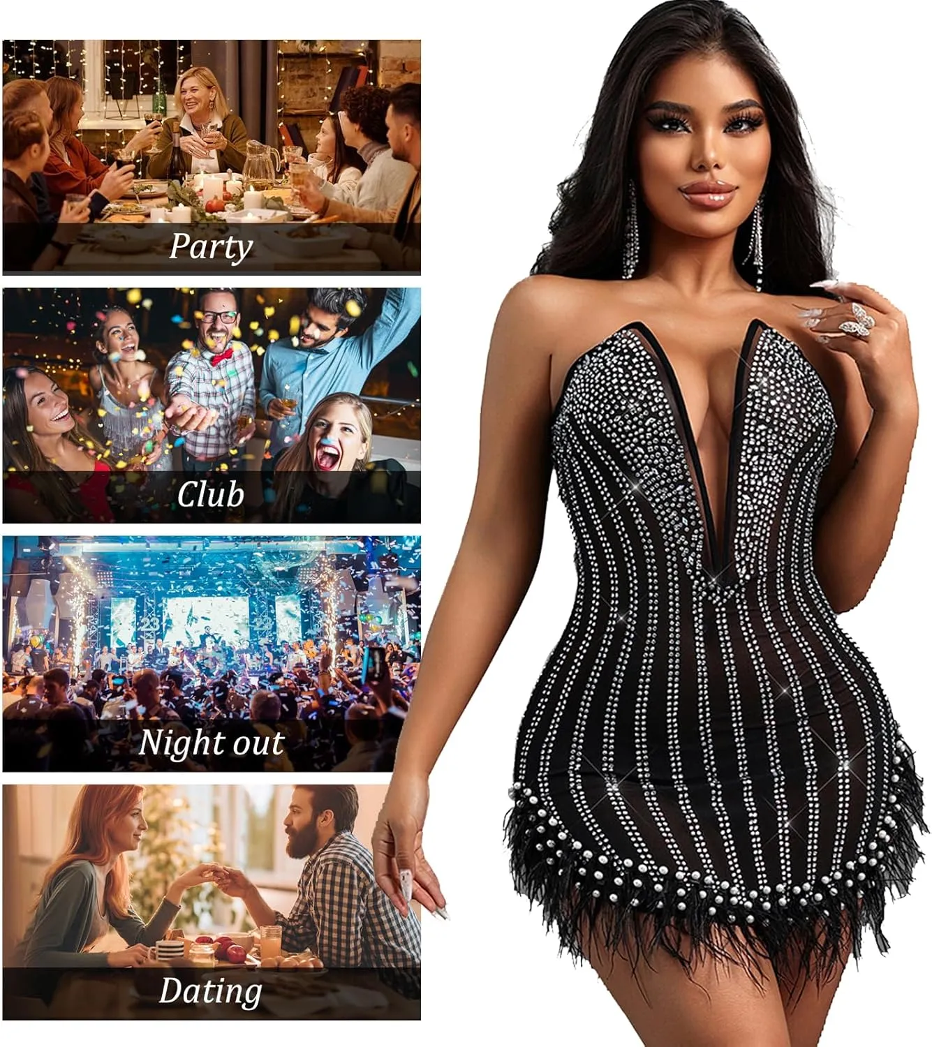 Sexy Feather Rhinestone Backless Mesh Sheer Burlesque Outfit Nightout Clubwear Birthday Party Dress