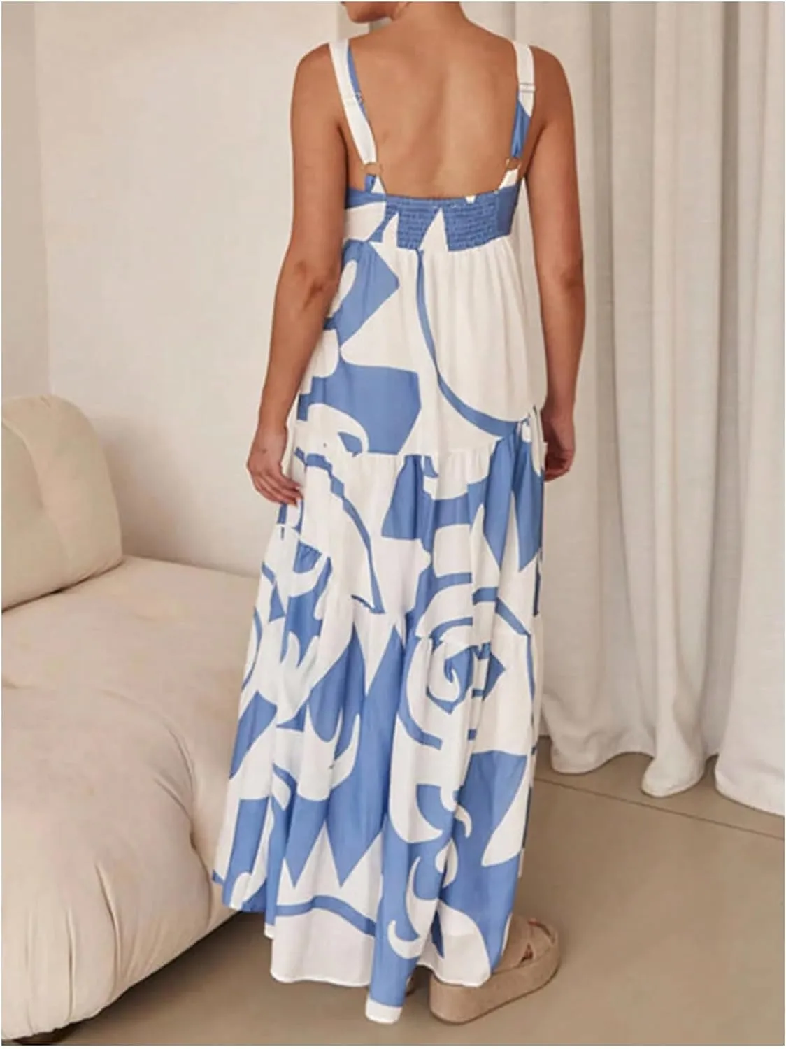 SHENHE Women's Tiered Boho Maxi Dress Patterned Flowy Dress Smocked Ruffle Summer Vacation
