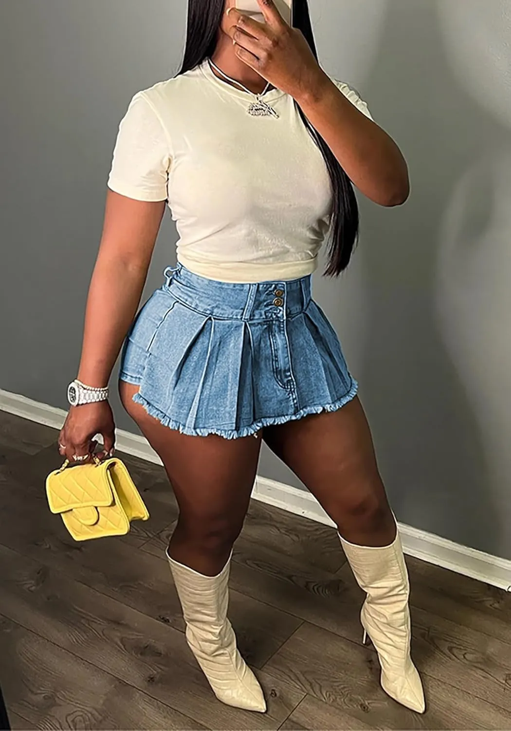 SHINFY Women's Mini Skirt Skorts High Waisted Y2K Pleated Skirts Denim Skort Jeans Shorts