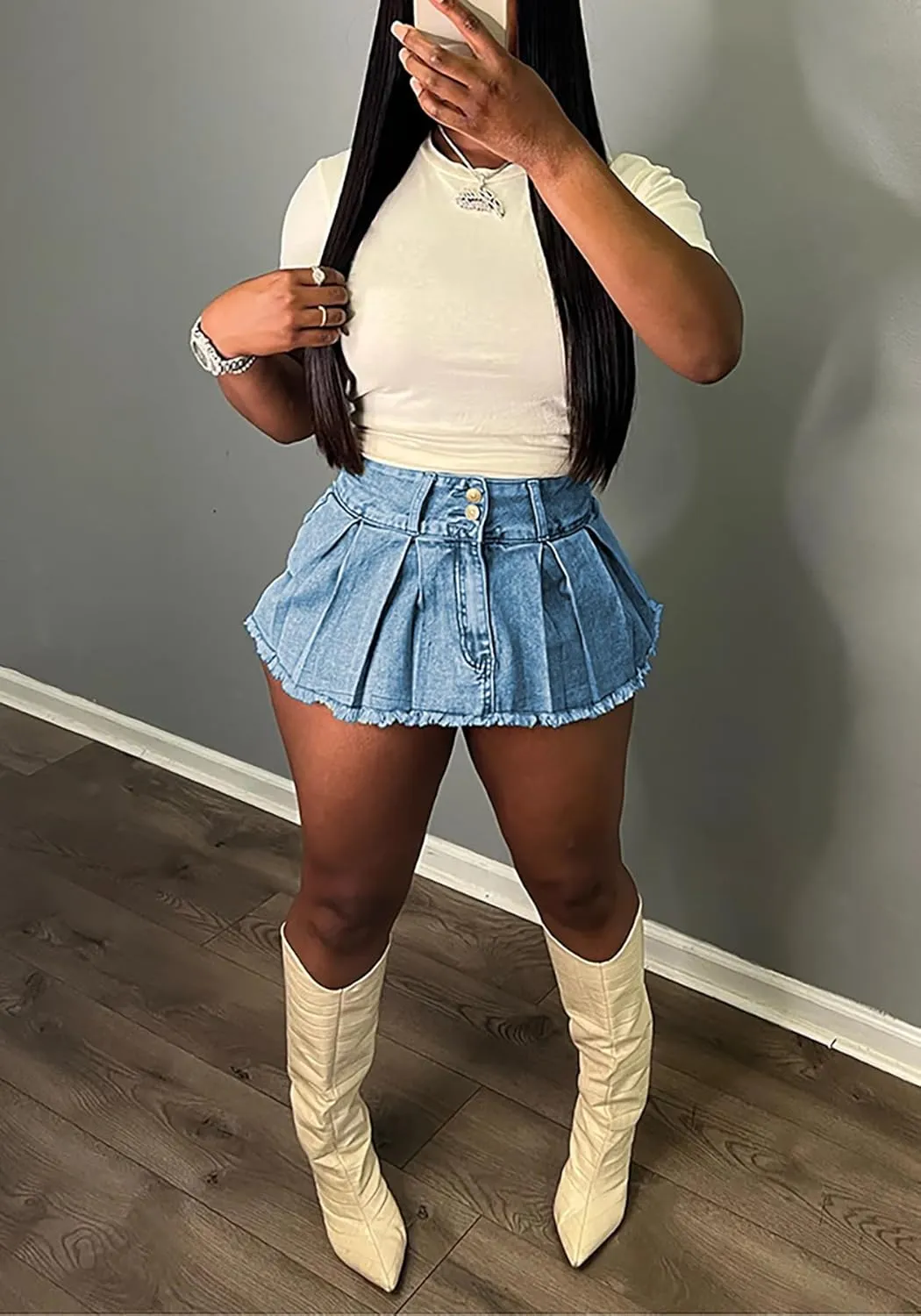 SHINFY Women's Mini Skirt Skorts High Waisted Y2K Pleated Skirts Denim Skort Jeans Shorts