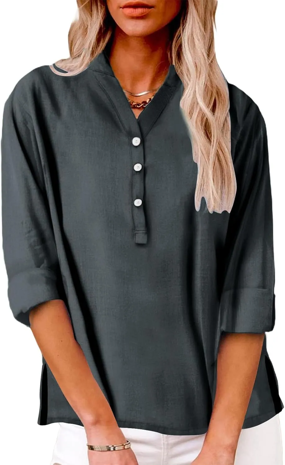 Side Slit Workout Tops for Women 2025 Trendy Cotton Linen Solid Color Shirts Short Sleeve V Neck Button Down Blouses