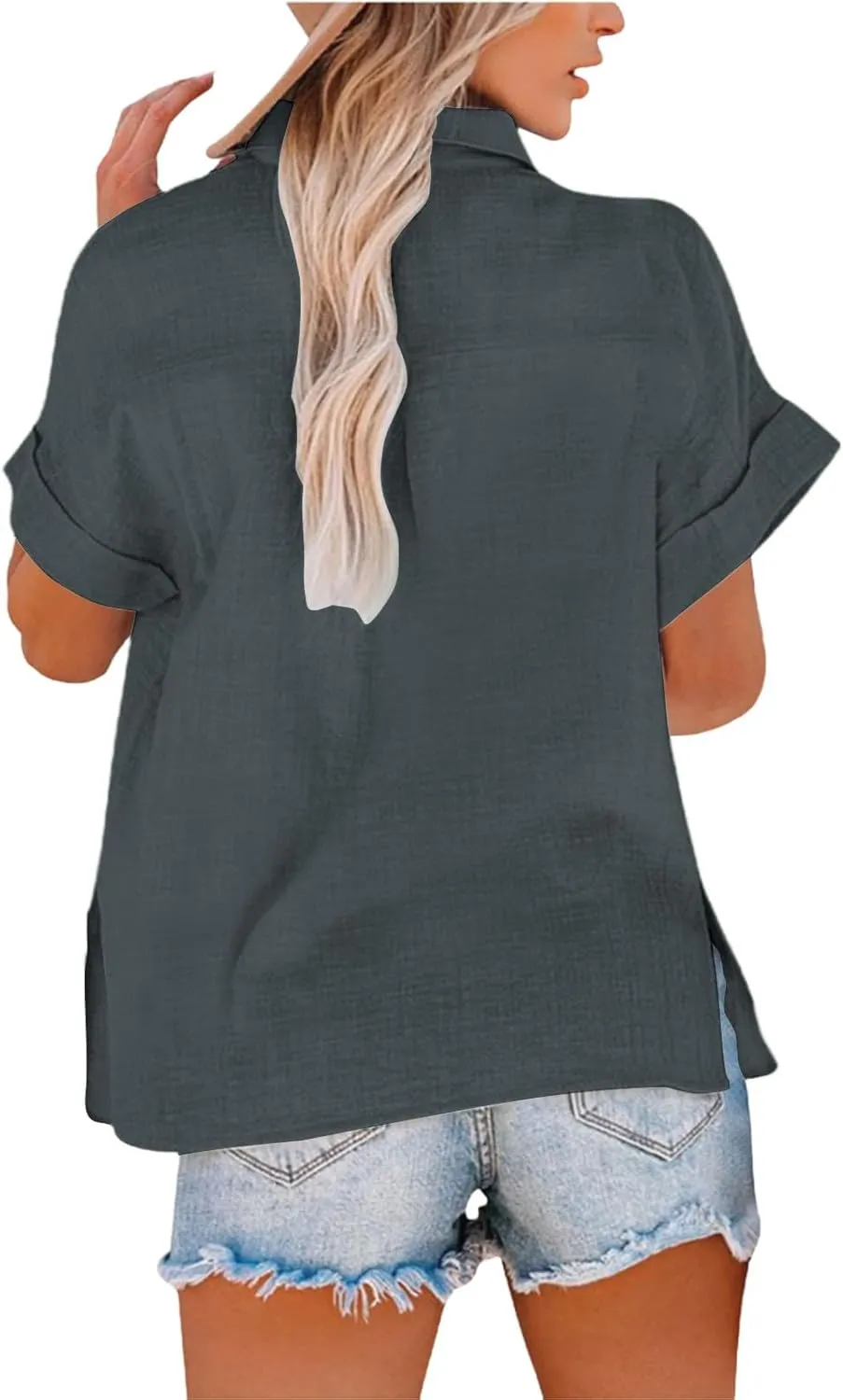 Side Slit Workout Tops for Women 2025 Trendy Cotton Linen Solid Color Shirts Short Sleeve V Neck Button Down Blouses