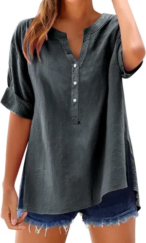 Side Slit Workout Tops for Women 2025 Trendy Cotton Linen Solid Color Shirts Short Sleeve V Neck Button Down Blouses