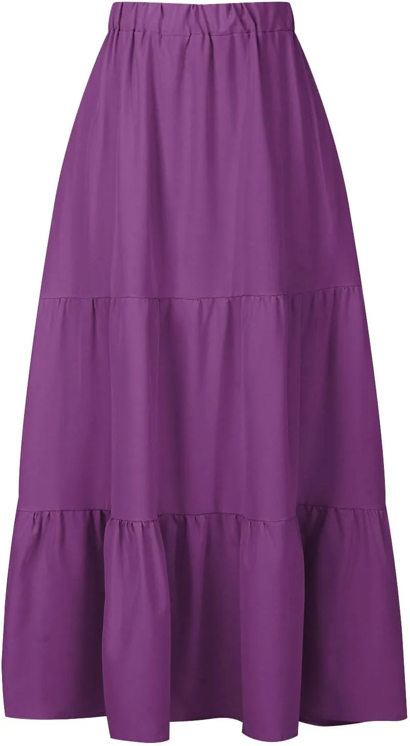 Skirts for Women 2024 Plus Size Elastic Waist Pleated Tiered Ruffle Swing Skirts Summer Causal Solid Maxi Skirts