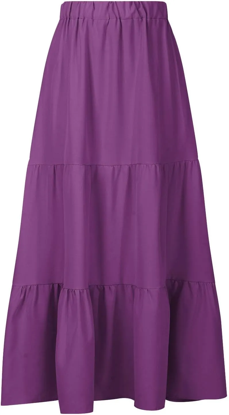 Skirts for Women 2024 Plus Size Elastic Waist Pleated Tiered Ruffle Swing Skirts Summer Causal Solid Maxi Skirts