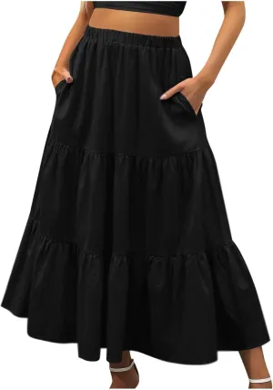 Skirts for Women 2024 Plus Size Elastic Waist Pleated Tiered Ruffle Swing Skirts Summer Causal Solid Maxi Skirts