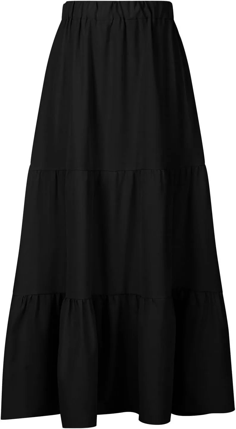 Skirts for Women 2024 Plus Size Elastic Waist Pleated Tiered Ruffle Swing Skirts Summer Causal Solid Maxi Skirts