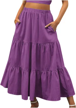 Skirts for Women 2024 Plus Size Elastic Waist Pleated Tiered Ruffle Swing Skirts Summer Causal Solid Maxi Skirts