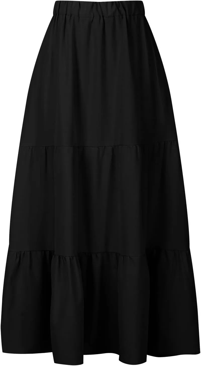 Skirts for Women 2024 Plus Size Elastic Waist Pleated Tiered Ruffle Swing Skirts Summer Causal Solid Maxi Skirts