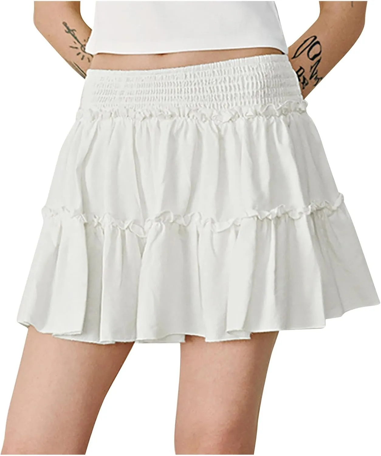 Skirts for Women Ruffle Layered Skirt Flowy High Waist Flared Hem Cute Skirts Summer Casual Mini Skirt with Inner Short