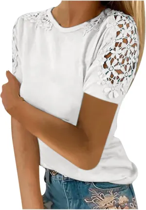 SMIDOW Boho Lace Crochet Short Sleeve Tops for Women Sexy Elegant Summer t Shirt Solid Dressy Casual Blouse Plus Size