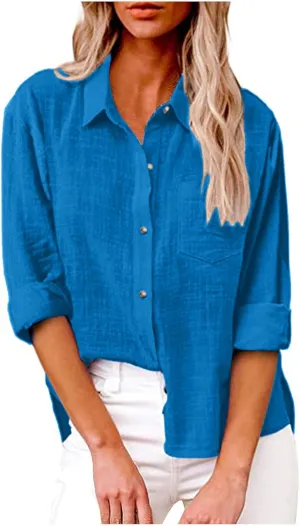 SMIDOW Ladies Summer Tops and Blouses 2023 Fashion Cotton Linen Shirts Collared Button Down Business Casual Work Blouse