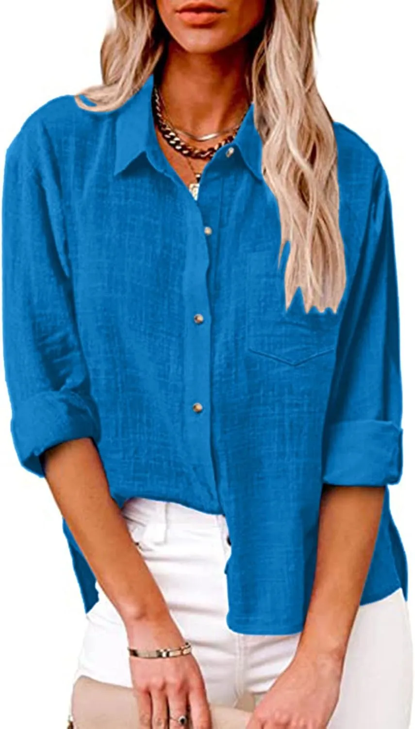 SMIDOW Ladies Summer Tops and Blouses 2023 Fashion Cotton Linen Shirts Collared Button Down Business Casual Work Blouse