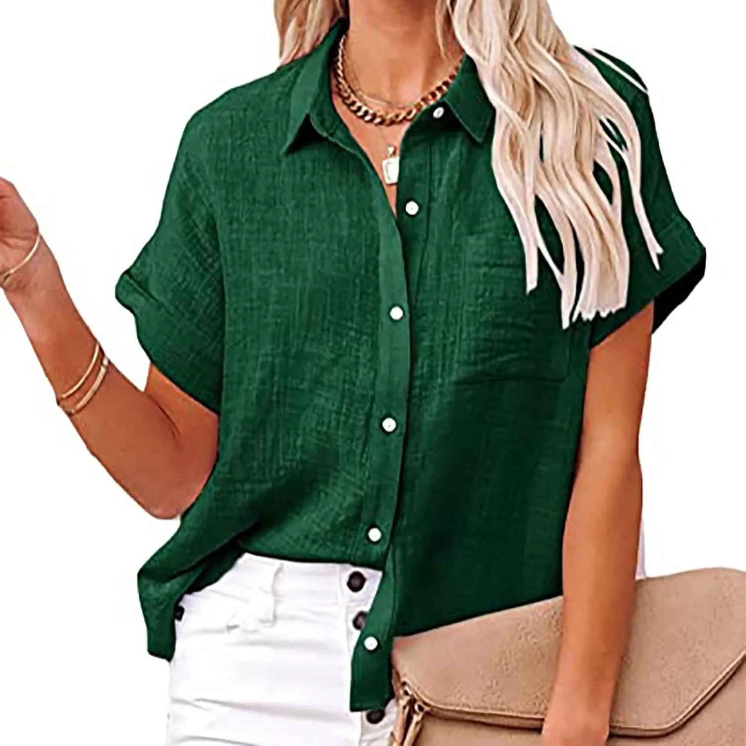 SMIDOW Shirts for Women Trendy Summer 2023 Button Down Linen Tops Plus Size Short Sleeve Collared t-Shirt Work Casual Blouse
