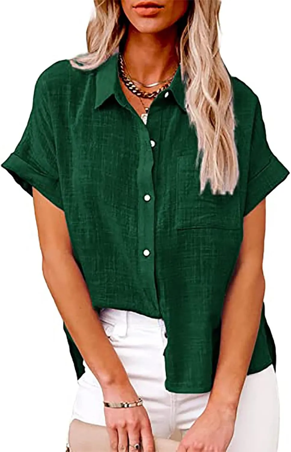 SMIDOW Shirts for Women Trendy Summer 2023 Button Down Linen Tops Plus Size Short Sleeve Collared t-Shirt Work Casual Blouse