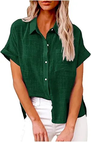 SMIDOW Shirts for Women Trendy Summer 2023 Button Down Linen Tops Plus Size Short Sleeve Collared t-Shirt Work Casual Blouse