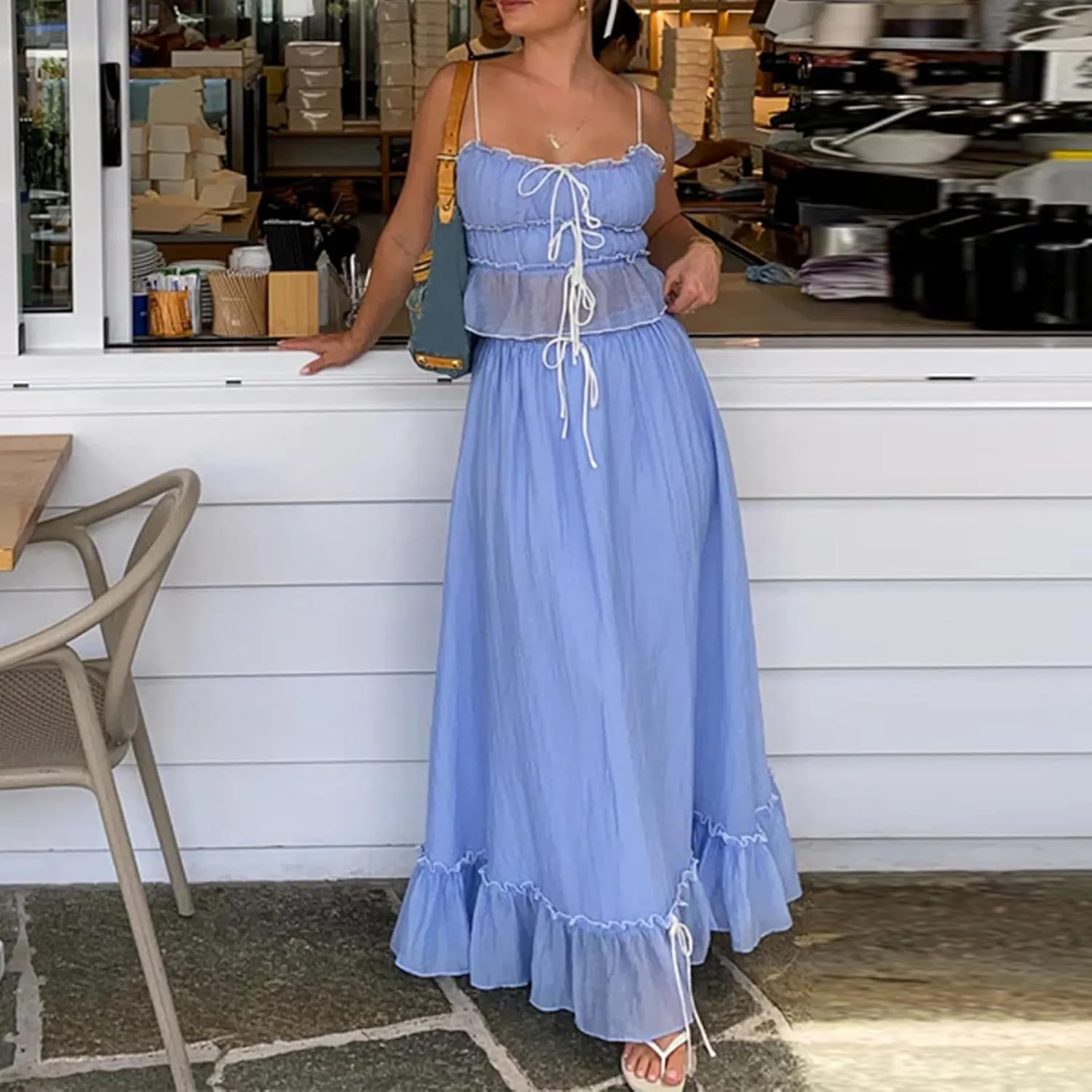 SOLILOQUY Women's Summer Maxi Skirt Set Spaghetti Strap Tie Up Front Sheer Mesh Cami Tops Thigh Slit Long Skirt Beach Clothes