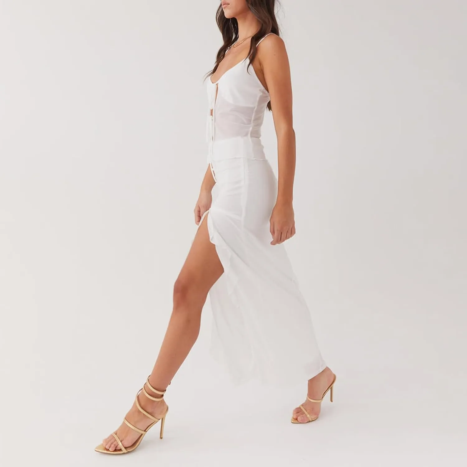 SOLILOQUY Women's Summer Maxi Skirt Set Spaghetti Strap Tie Up Front Sheer Mesh Cami Tops Thigh Slit Long Skirt Beach Clothes