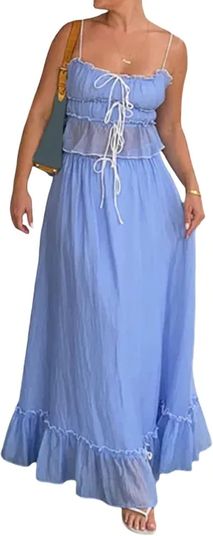 SOLILOQUY Women's Summer Maxi Skirt Set Spaghetti Strap Tie Up Front Sheer Mesh Cami Tops Thigh Slit Long Skirt Beach Clothes