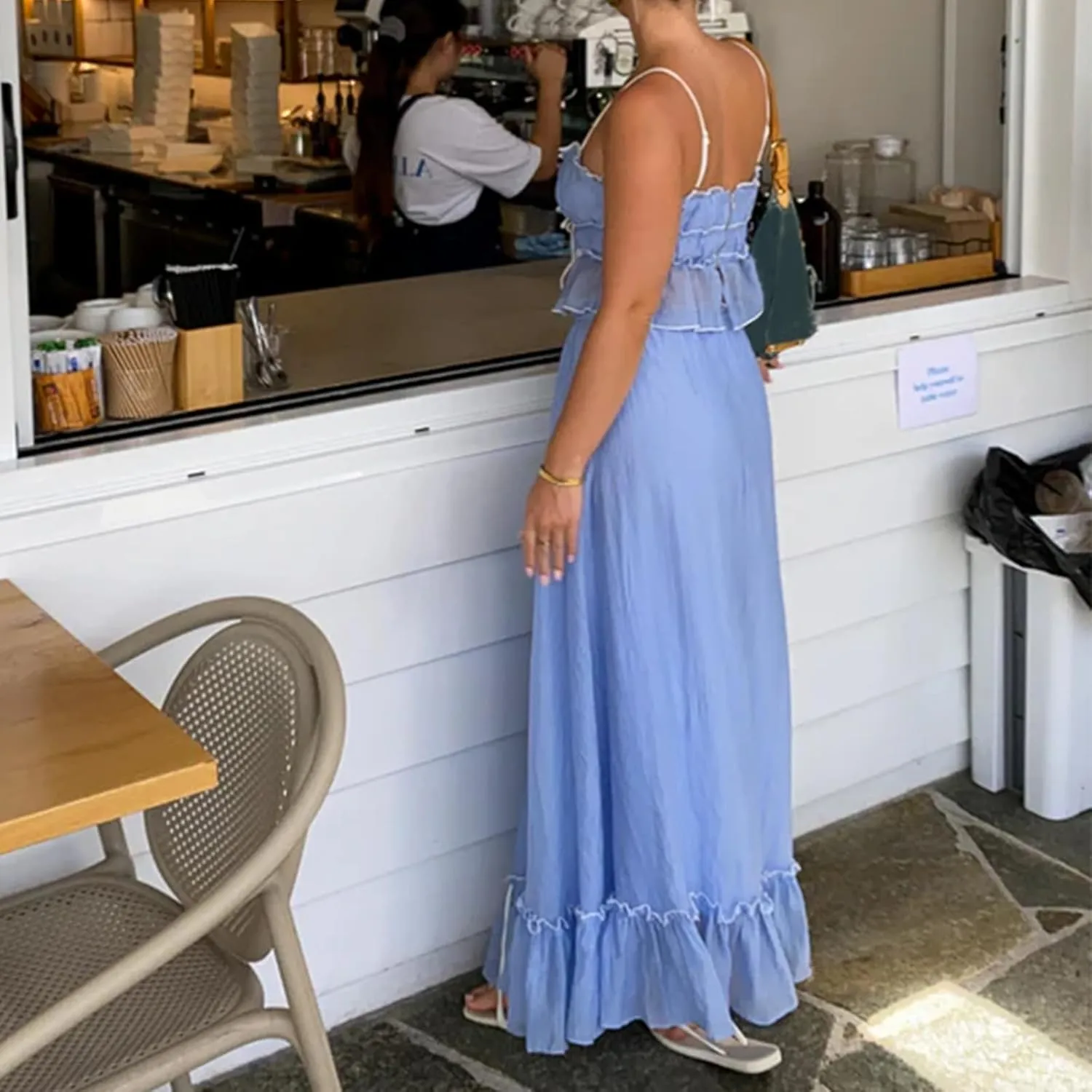 SOLILOQUY Women's Summer Maxi Skirt Set Spaghetti Strap Tie Up Front Sheer Mesh Cami Tops Thigh Slit Long Skirt Beach Clothes