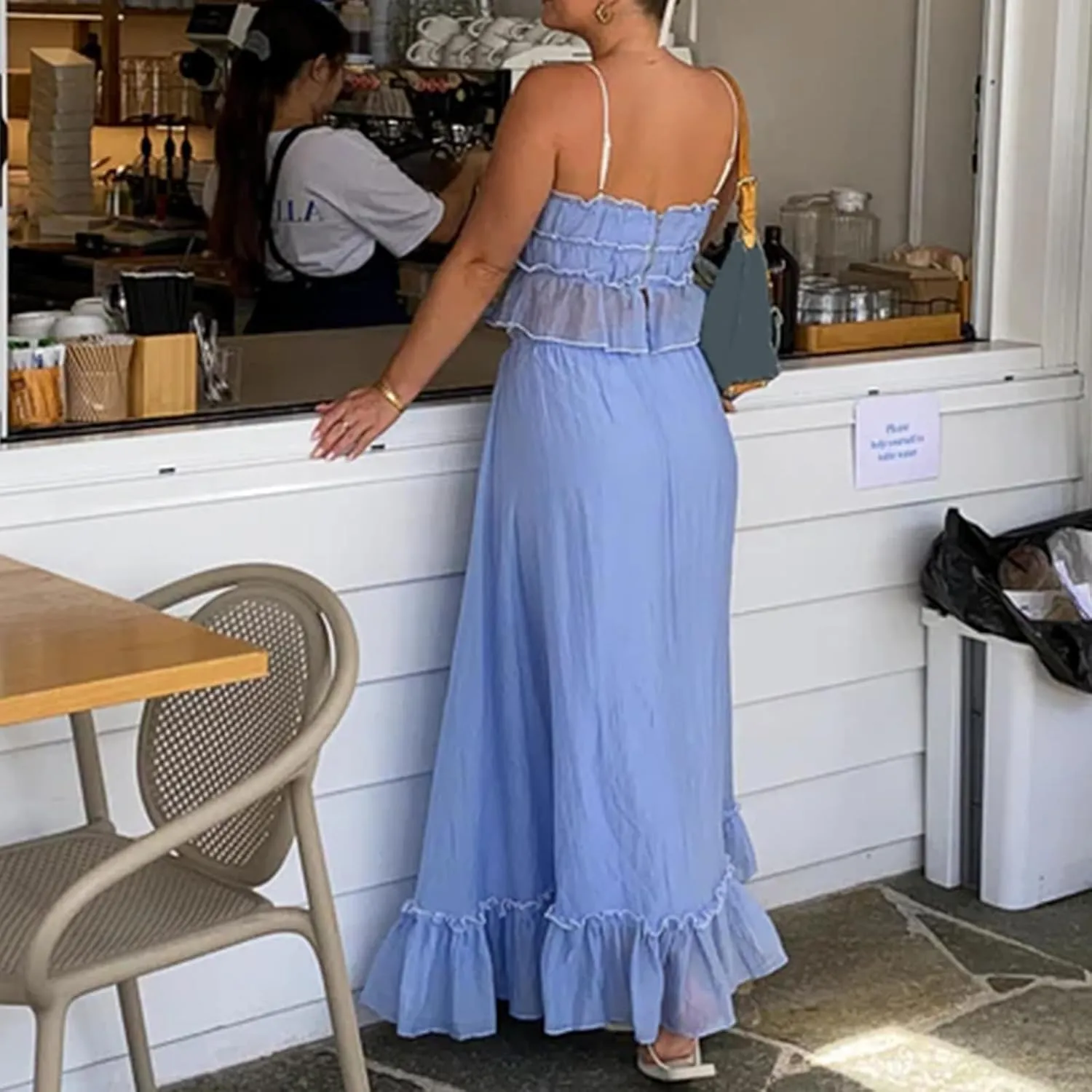 SOLILOQUY Women's Summer Maxi Skirt Set Spaghetti Strap Tie Up Front Sheer Mesh Cami Tops Thigh Slit Long Skirt Beach Clothes