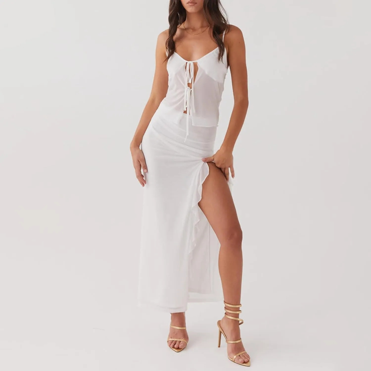 SOLILOQUY Women's Summer Maxi Skirt Set Spaghetti Strap Tie Up Front Sheer Mesh Cami Tops Thigh Slit Long Skirt Beach Clothes