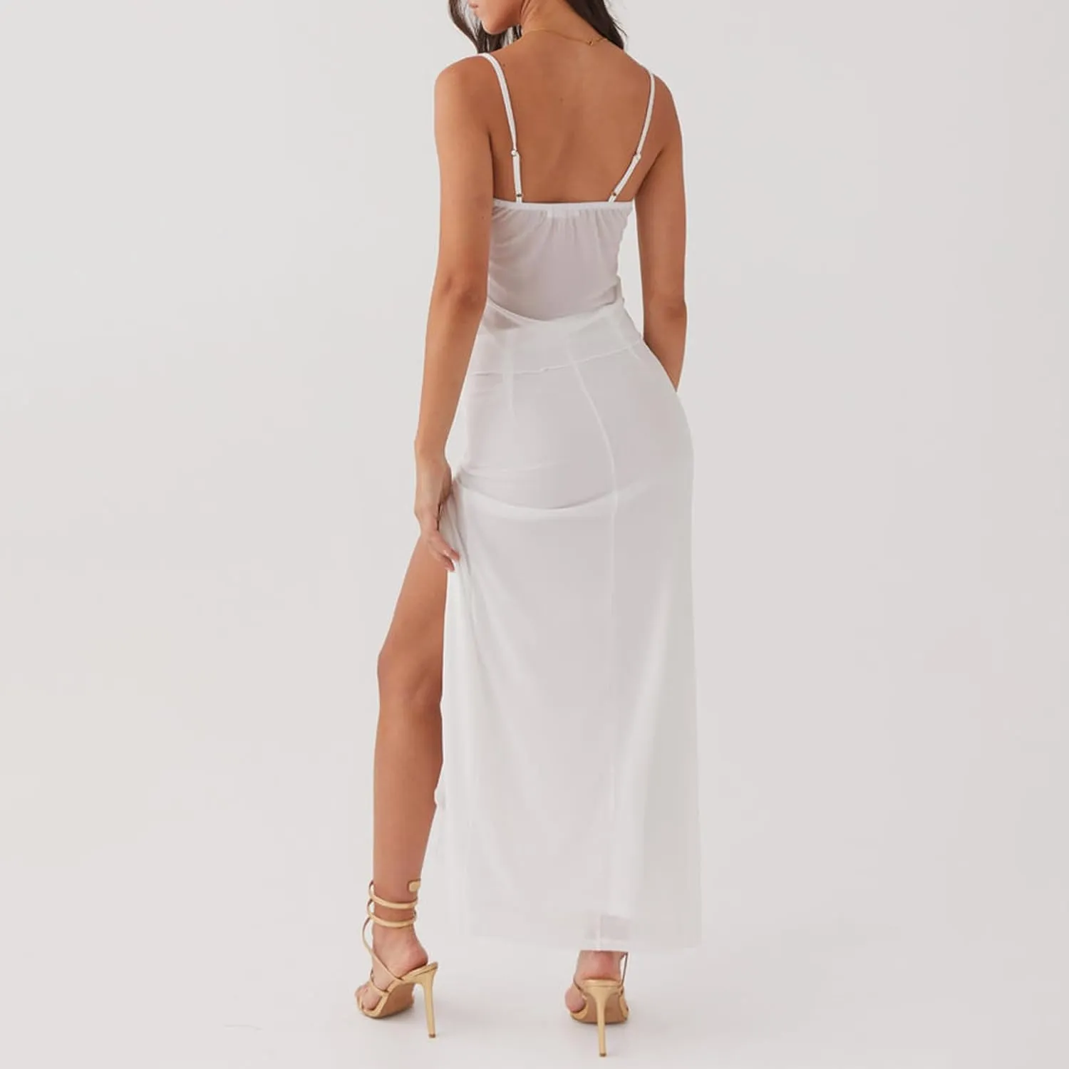 SOLILOQUY Women's Summer Maxi Skirt Set Spaghetti Strap Tie Up Front Sheer Mesh Cami Tops Thigh Slit Long Skirt Beach Clothes