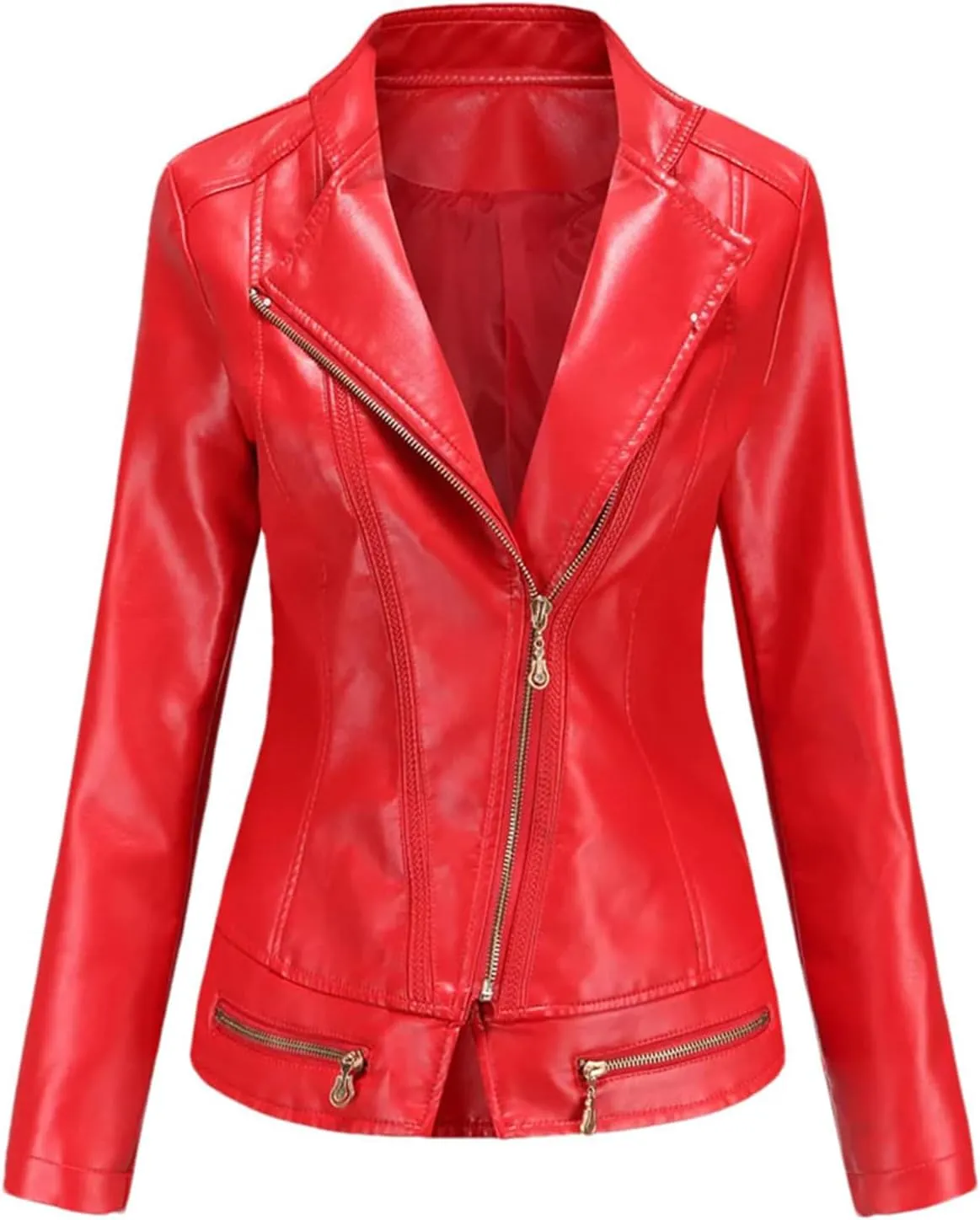 Spring Autumn Women Faux Leather Jacket, Long Sleeves Motorcycle Coat For Women, Moto Biker Zipper Jacket