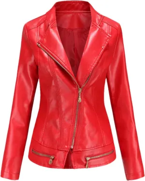 Spring Autumn Women Faux Leather Jacket, Long Sleeves Motorcycle Coat For Women, Moto Biker Zipper Jacket