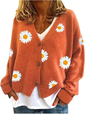 Stessotudo Womens Casual Daisy Print Cardigan Cable Knit Button Down Chunky Sweaters Long Sleeve Winter Cute Outerwear 2023