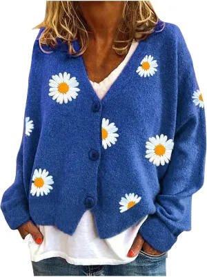 Stessotudo Womens Casual Daisy Print Cardigan Cable Knit Button Down Chunky Sweaters Long Sleeve Winter Cute Outerwear 2023