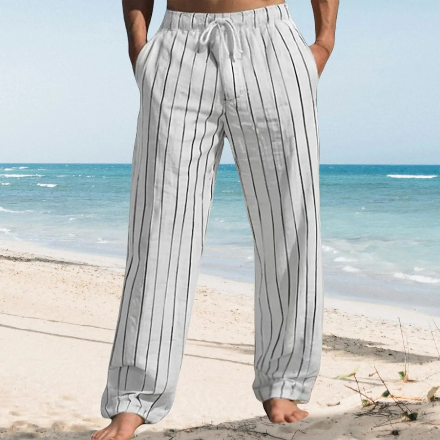 Striped Pants Men Cotton Linen Drawstring Pants Loose Beach Summer Pants Elastic Waist Casual Jogger Yoga Pants Trouser