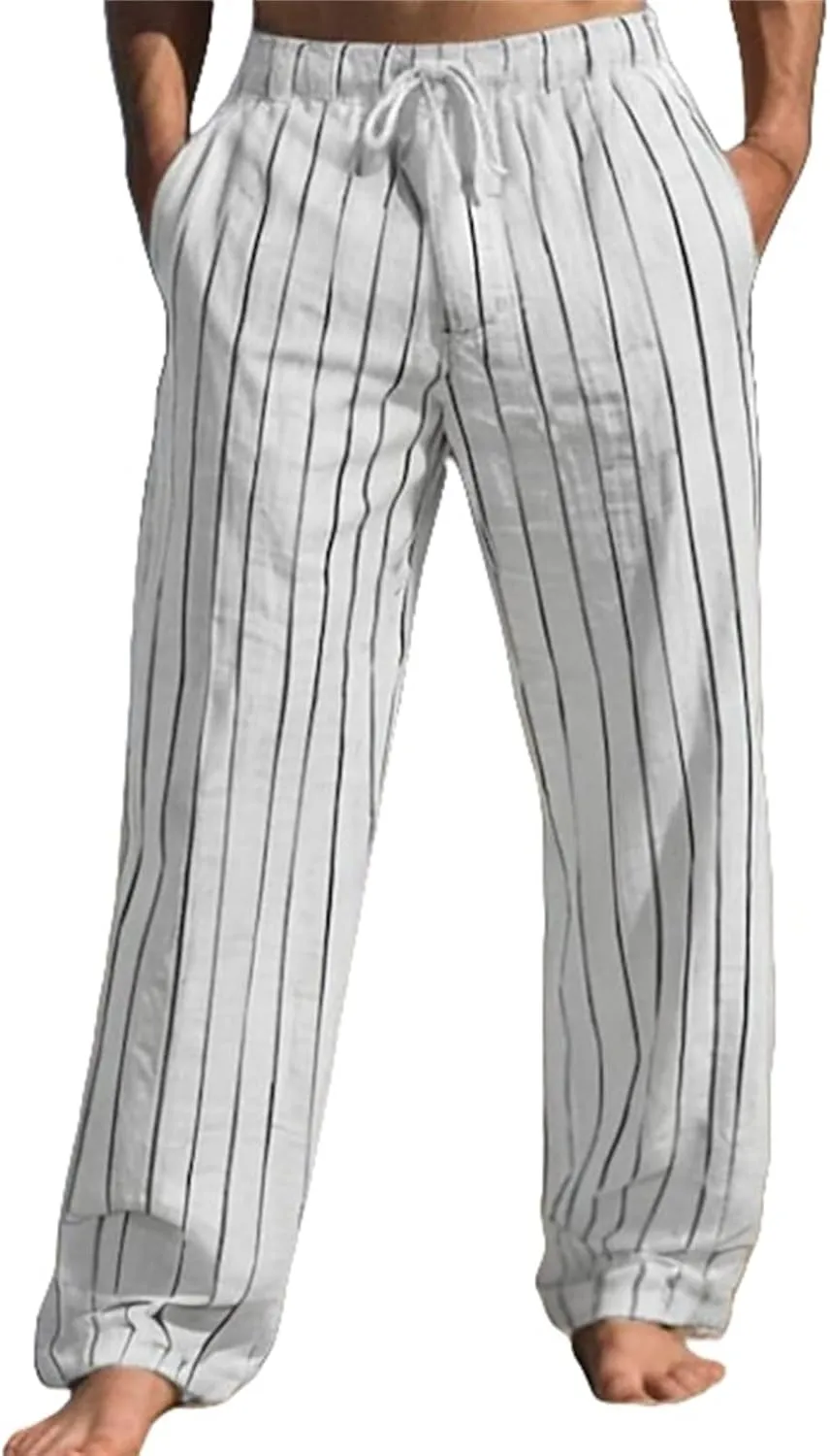 Striped Pants Men Cotton Linen Drawstring Pants Loose Beach Summer Pants Elastic Waist Casual Jogger Yoga Pants Trouser