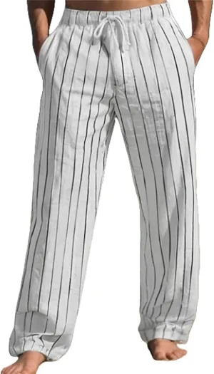 Striped Pants Men Cotton Linen Drawstring Pants Loose Beach Summer Pants Elastic Waist Casual Jogger Yoga Pants Trouser