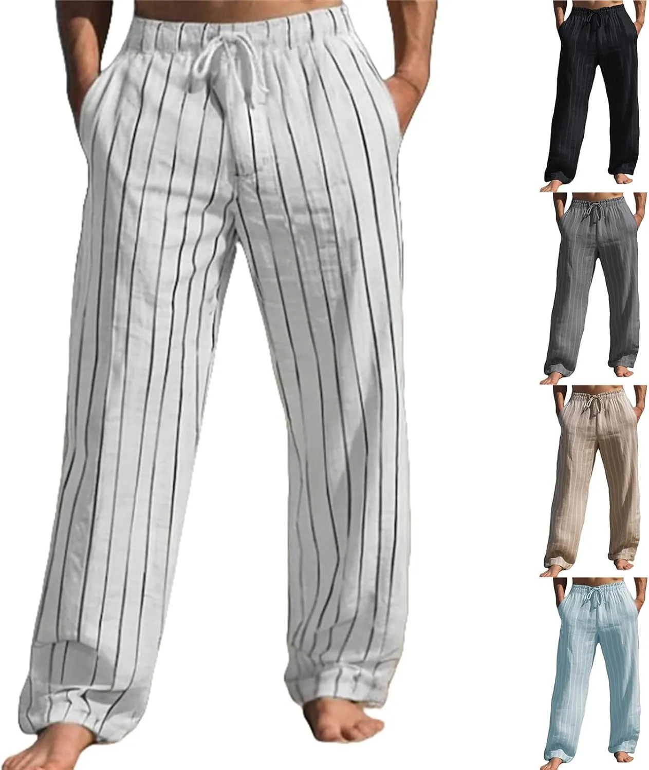 Striped Pants Men Cotton Linen Drawstring Pants Loose Beach Summer Pants Elastic Waist Casual Jogger Yoga Pants Trouser