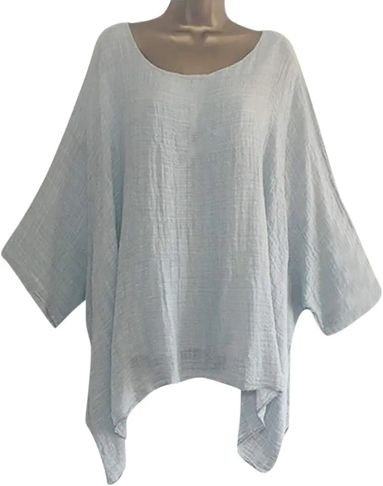 Summer Cotton Linen Blouse for Women,Irregular Hem Asymmetric Drop Shoulder Top Textured Solid Shirred Pleated Top