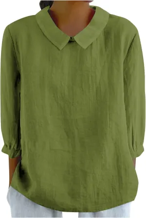 Summer Cotton Linen Gauze Shirts Comfy Breathable Lounge Top Loose 3/4 Sleeve Lapel T Shirt Plain Blouse Plus Size