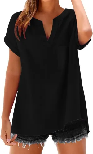 Summer Linen Shirts for Women 2025 Casual Short Sleeve Solid T-Shirts Trendy Loose Fit V-Neck Tops with Pocket