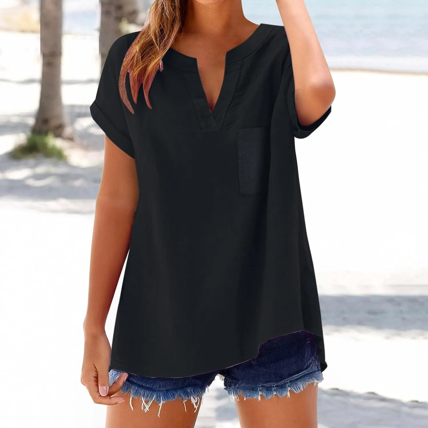 Summer Linen Shirts for Women 2025 Casual Short Sleeve Solid T-Shirts Trendy Loose Fit V-Neck Tops with Pocket