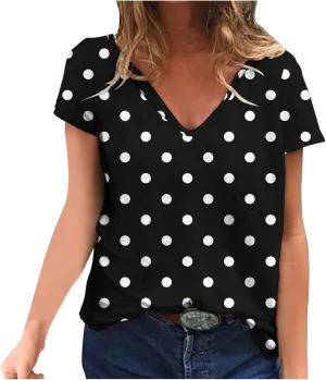 Summer Shirts for Women 2024 Casual Short Sleeve v Neck Tops Fashion Polka Dot Print Tshirt Loose Comfy Blouses